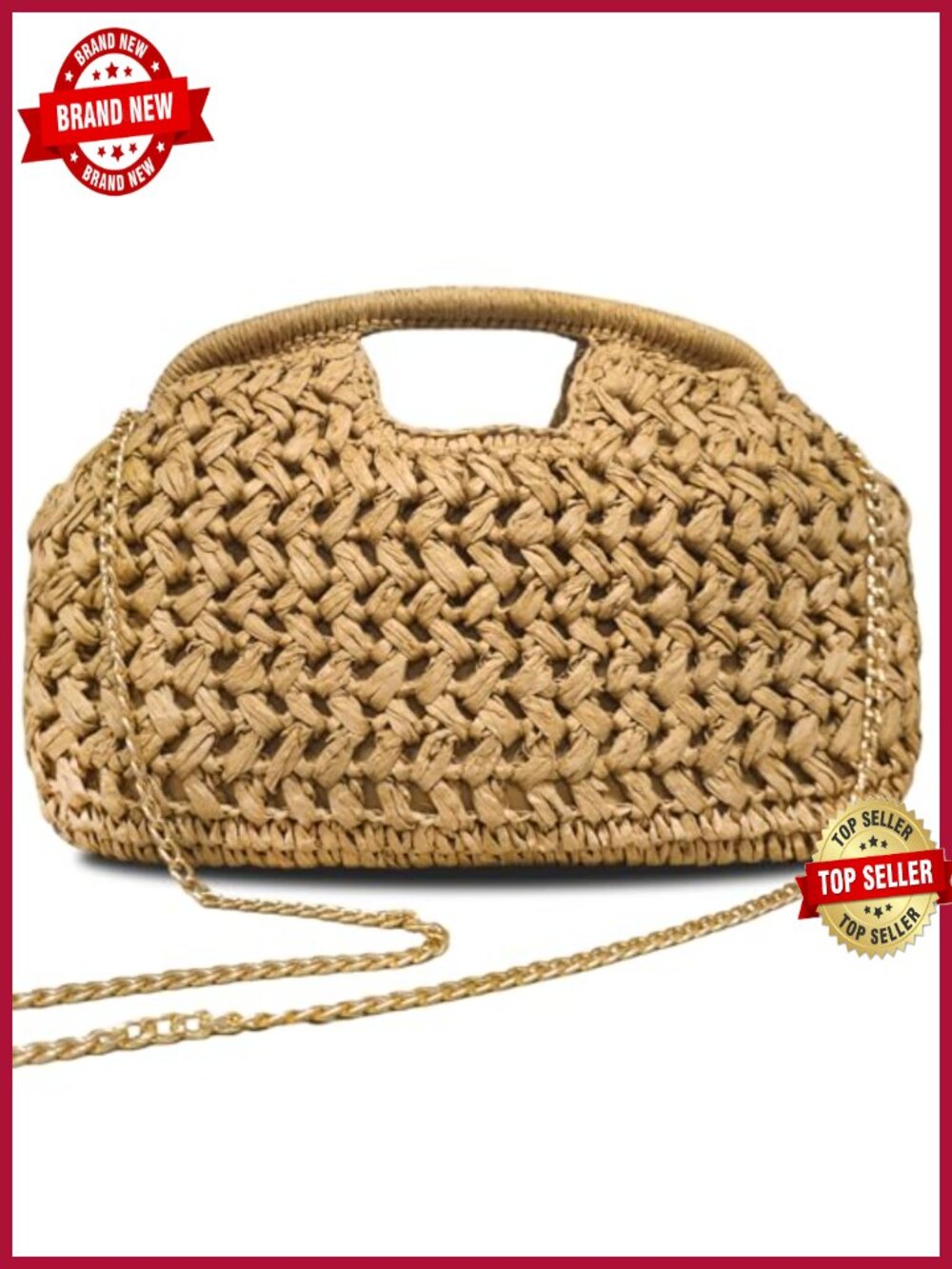 Straw Clutch Woven Bag with Detachable Chain for Summer Beach Vacation Evening